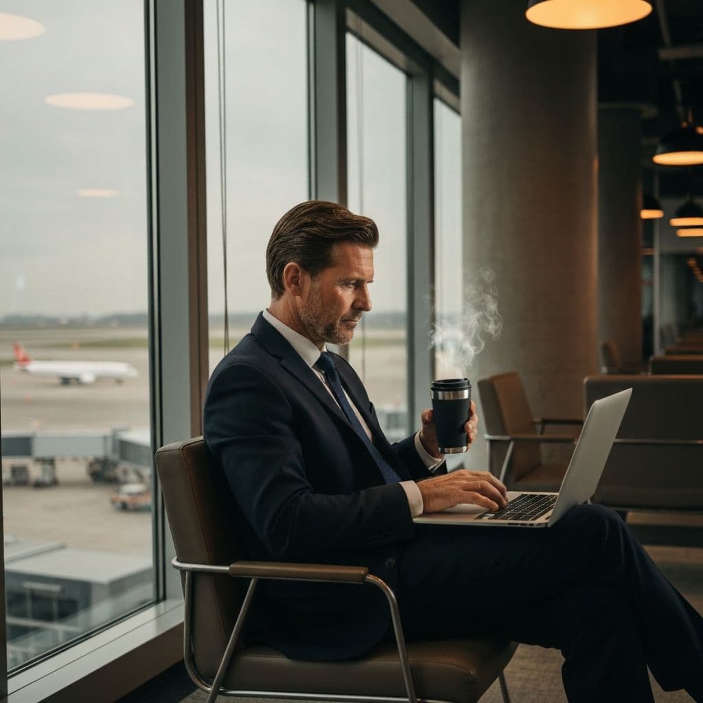 Biznesmen z walizką na lotnisku gotowy do podróży służbowej połączonej z wypoczynkiem