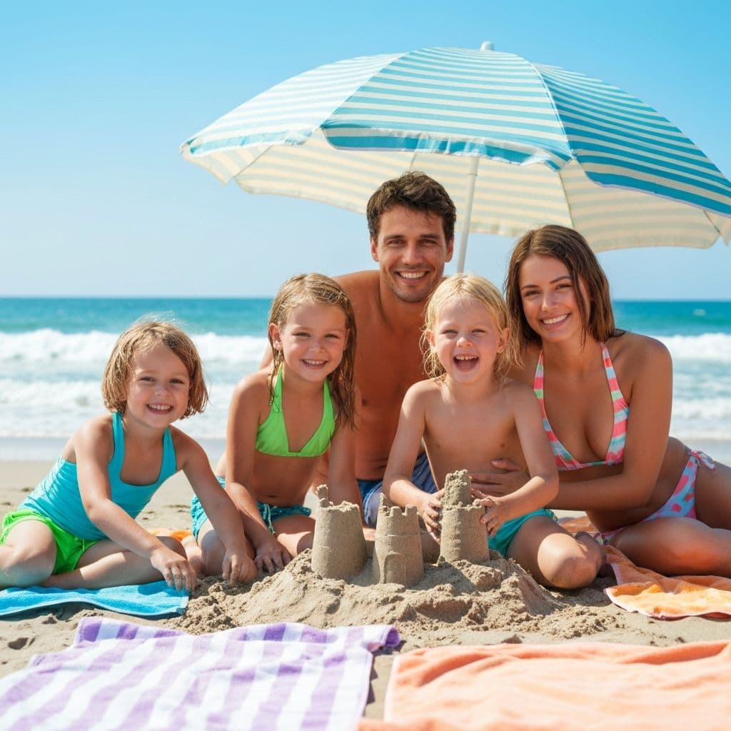Szczęśliwa rodzina z dziećmi bawiąca się na plaży podczas wakacji - podróże rodzinne