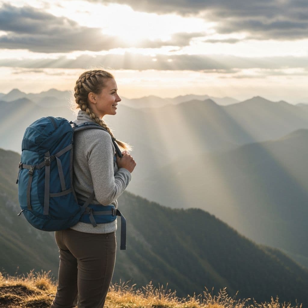 Samotny podróżnik z plecakiem podziwiający górski krajobraz - solo travel i przygoda