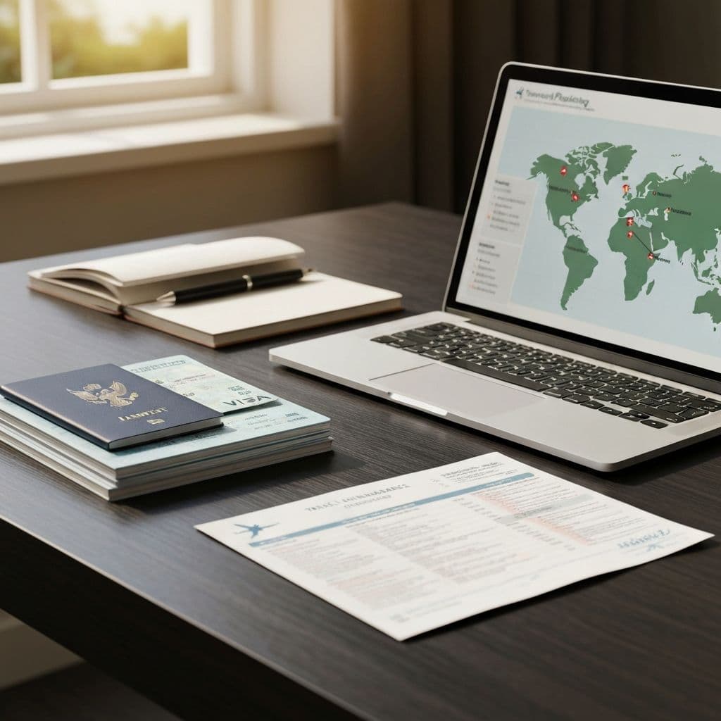 Dokumenty podróżne, paszport i polisa ubezpieczeniowa na mapie świata - ubezpieczenie turystyczne