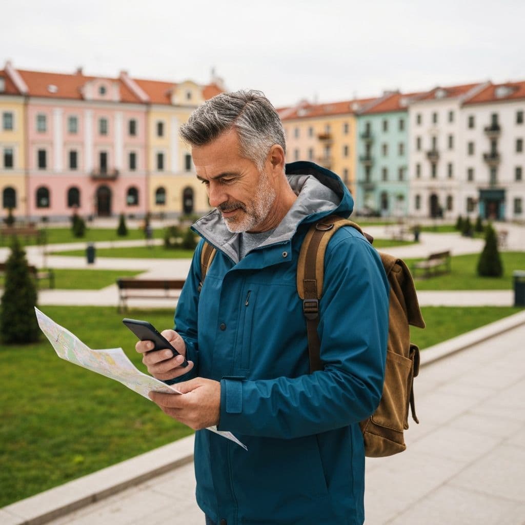 Podróżnik sprawdzający mapę w bezpiecznym otoczeniu - porady bezpieczeństwa w podróży