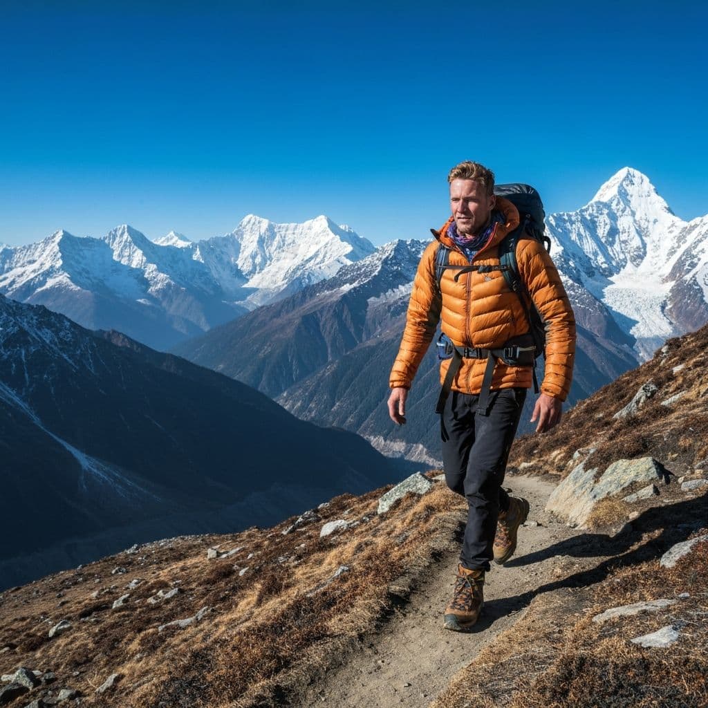 Trekkingowiec z plecakiem na szlaku górskim w Himalajach z widokiem na ośnieżone szczyty