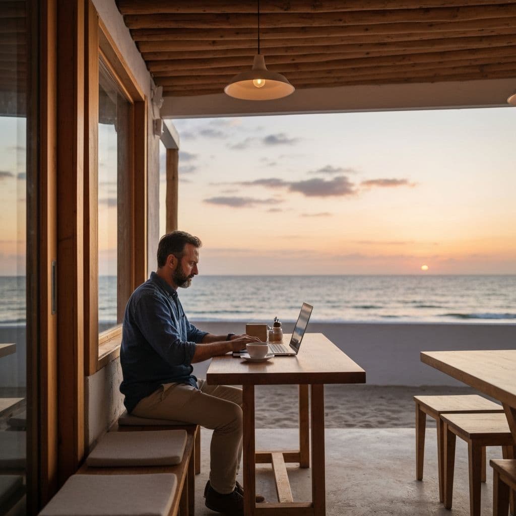 Laptop na plaży podczas zachodu słońca - idealne miejsce na workation i pracę zdalną z podróży